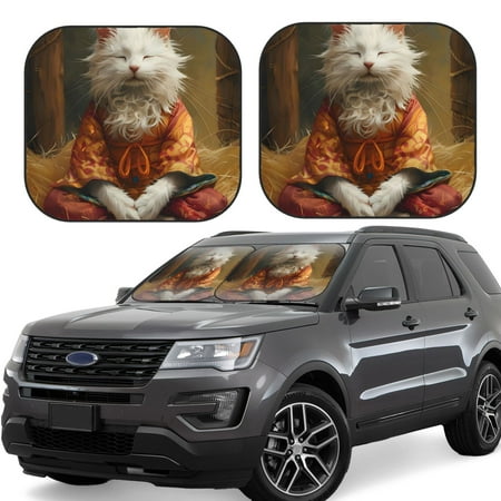 Hirioo Haystack Meditating Cat for 2PCS Windshield Sun Shade Foldable | Front Windshield Shade for Sun Heat and UV Rays-Small