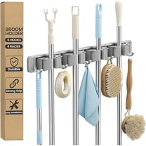 Broom Holder Wall Mount - 4 Racks 5 Hooks Mop Hanger, Metal Tool Organizer, Utility Rack Fits 0.6-1" Diameter Handles, for Garage Storage Home Laundry Kitchen Closet Shed