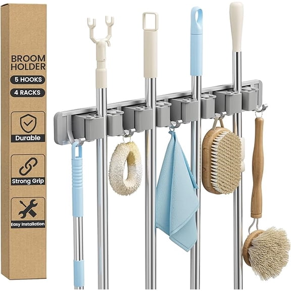 Broom Holder Wall Mount - 4 Racks 5 Hooks Mop Hanger, Metal Tool Organizer, Utility Rack Fits 0.6-1" Diameter Handles, for Garage Storage Home Laundry Kitchen Closet Shed