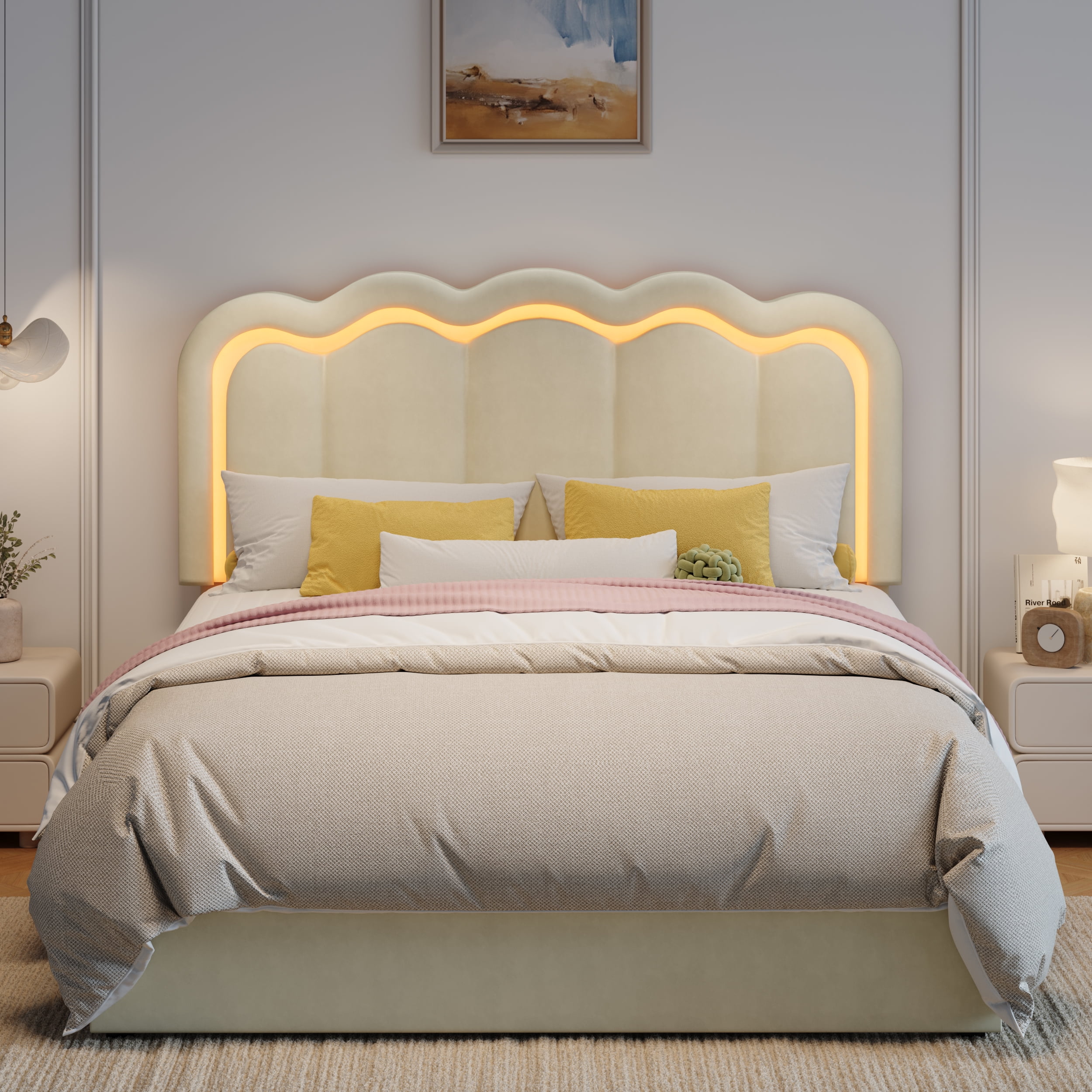 Amolife Queen Size LED Bed Frame with Drawer, Platform Bed with Velvet Upholstered Adjustable Wavy Headboard, Cream