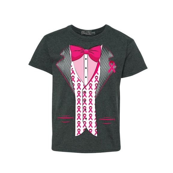 Shop4Ever Kids Breast Cancer Tuxedo Graphic Child's Youth T-Shirt Large Dark Heather
