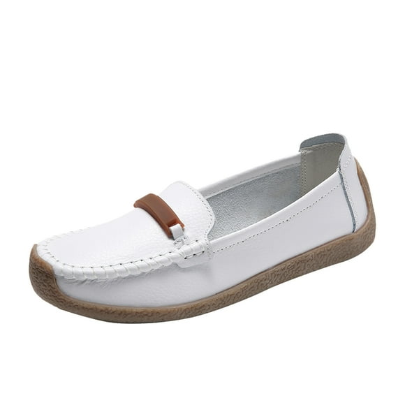 hopeusnice Clearance Women's Faux Leather Loafers Slip On Flats Comfortable Buckle Shoes Breathable Driving Moccasins Soft Sole Walking Shoes Everyday Wear Flats Comfortable Shoes White 39