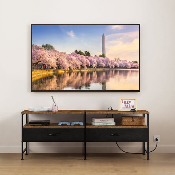 55" Brown TV Stand with Charging Station, Media Console with 2 Fabric Drawers & Open Shelves, Industrial Entertainment Center for Living Room