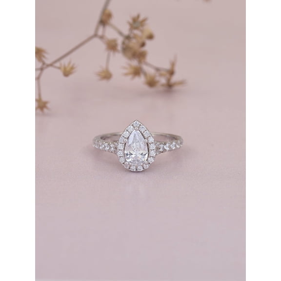 Veda Jewel 1.8 Ct Pear Cut VVS1/D Lab Created Simulated Diamond Women Engagement Ring - 14k White Gold Plated - Elegant Solitaire with Accents Wedding Ring - Timeless Halo to Celebrate Your Love