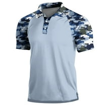 ZCFZJW Men's Camo Polo Golf Shirt Hiking Short Sleeve Side Slit T-Shirts Casual Summer Short Sleeve Button up V Neck Patchwork T Shirt Tops Blue XL