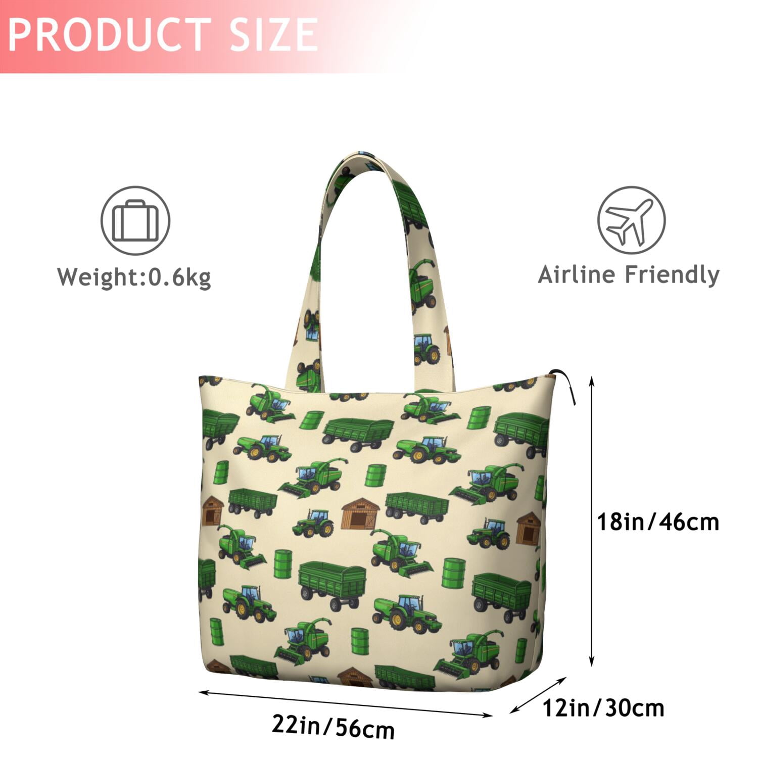 Cartoon Tractors Barns Beige Pattern Travel Tote Bags for Women Carry On,Large Weekender Bags for Women Travel,Multi Functional Duffle Bag for Work,Shopping,Sports