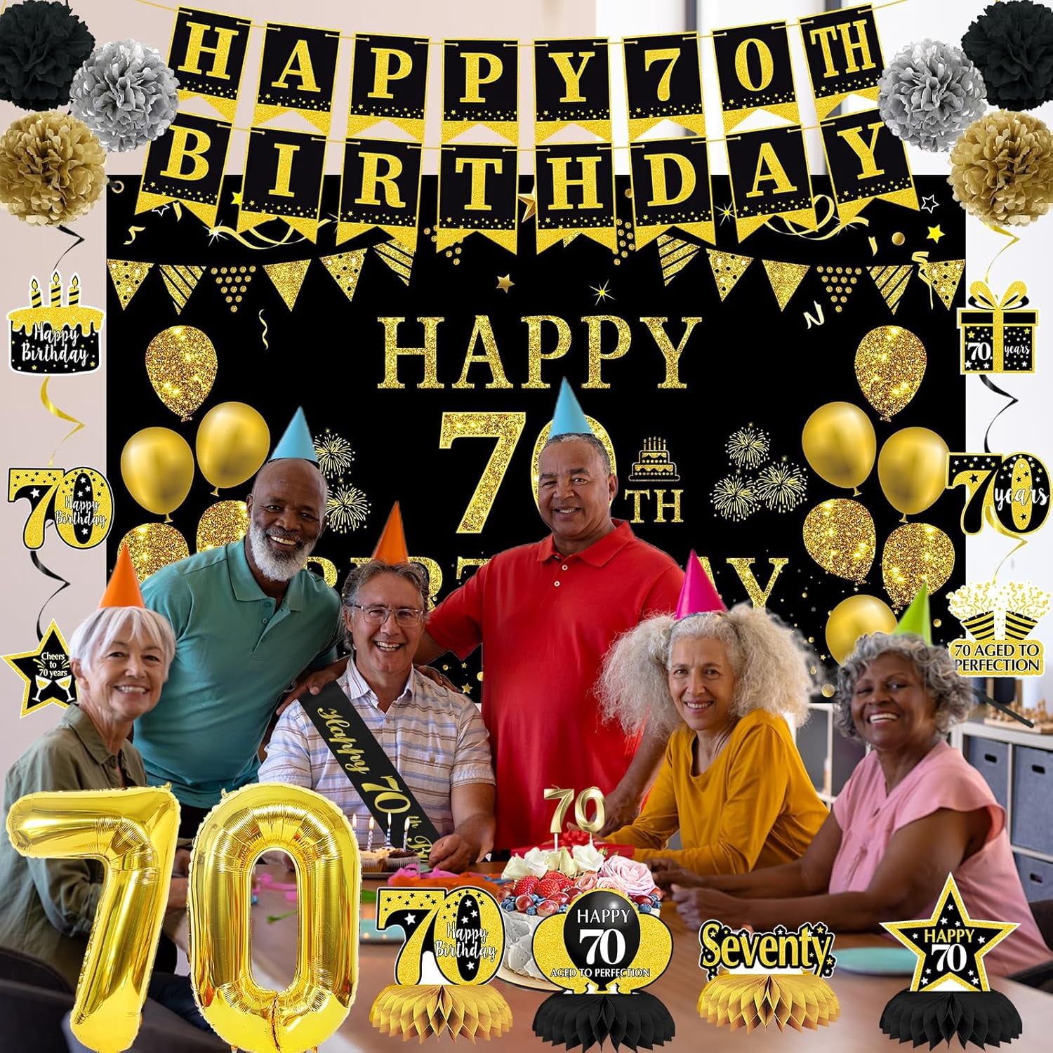 70th Birthday Decorations for Men Women, 22pcs Black Gold Birthday Party Supplies, Banner, Hanging Swirl Flag, 70th Sash&Pompoms, Balloons, 70 Year Old Party Decorations Set