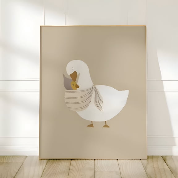 Mother Duck and Ducklings Wall Art Poster Modern Minimalist Beige Animal Illustration Neutral Decor for Nursery Living Room, UNFRAMED 8x12