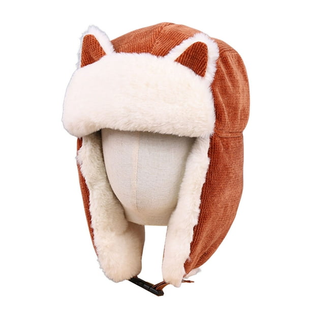 Sarkoyar Earflap Hat Cat Ears White Plush Lining Fuzzy Thickened Soft Ear  Protection Corduroy Autumn Winter Women Trapper Cycling Cap for Everyday  Life 
