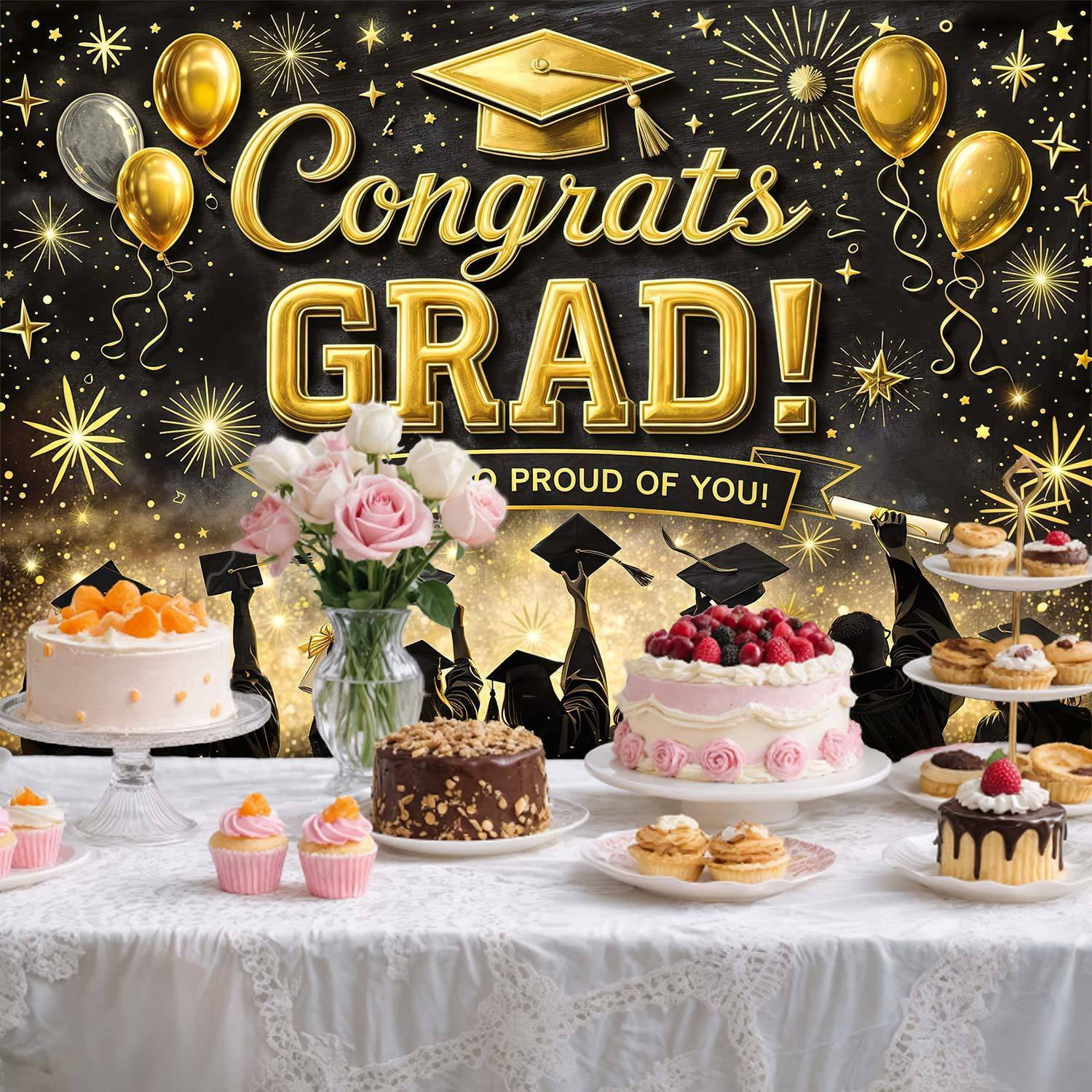 Congrats Grad Graduation Backdrop 7x5ft, Black and Gold Graduation Party Decoration Backdrop, Class of 2026 Photography Background, We Are So Proud of You Photo Booth Prop for Graduation Ceremony