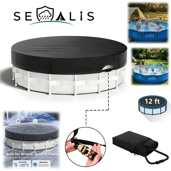 Seralis 12' Round Pool Cover with Winch & Cable Solar Cover for Above Ground Pools UV Resistant Waterproof Black