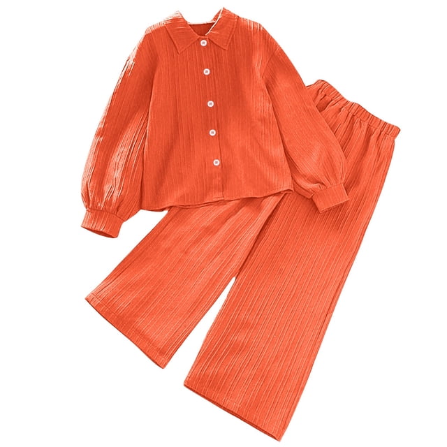 Odeerbi 8-12 Años Niños Niñas Algodón Conjuntos Camisa Manga Larga Pantalones Pierna Ancha Conjunto Primavera Solapa Camisa Pantalones Dos Piezas Conjunto