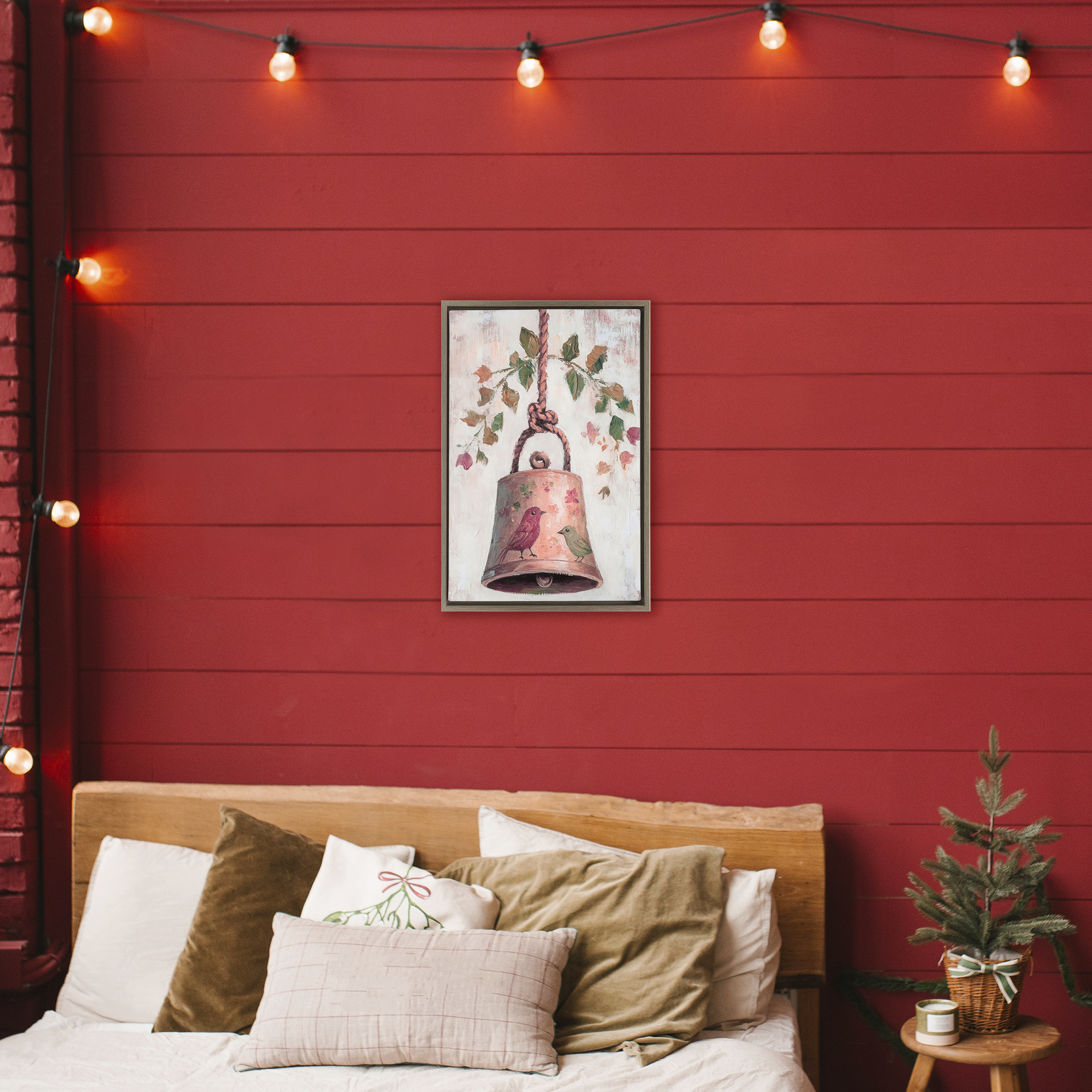 Vintage Christmas Bell Brown Framed Floater Canvas Wall Art, design by Petal Prints Design