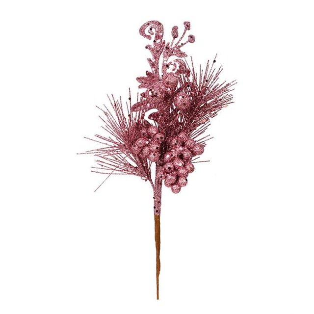 Vickerman L185579 10 Po. Glitter Leaf Pick aux Baies Roses 12 par Sac