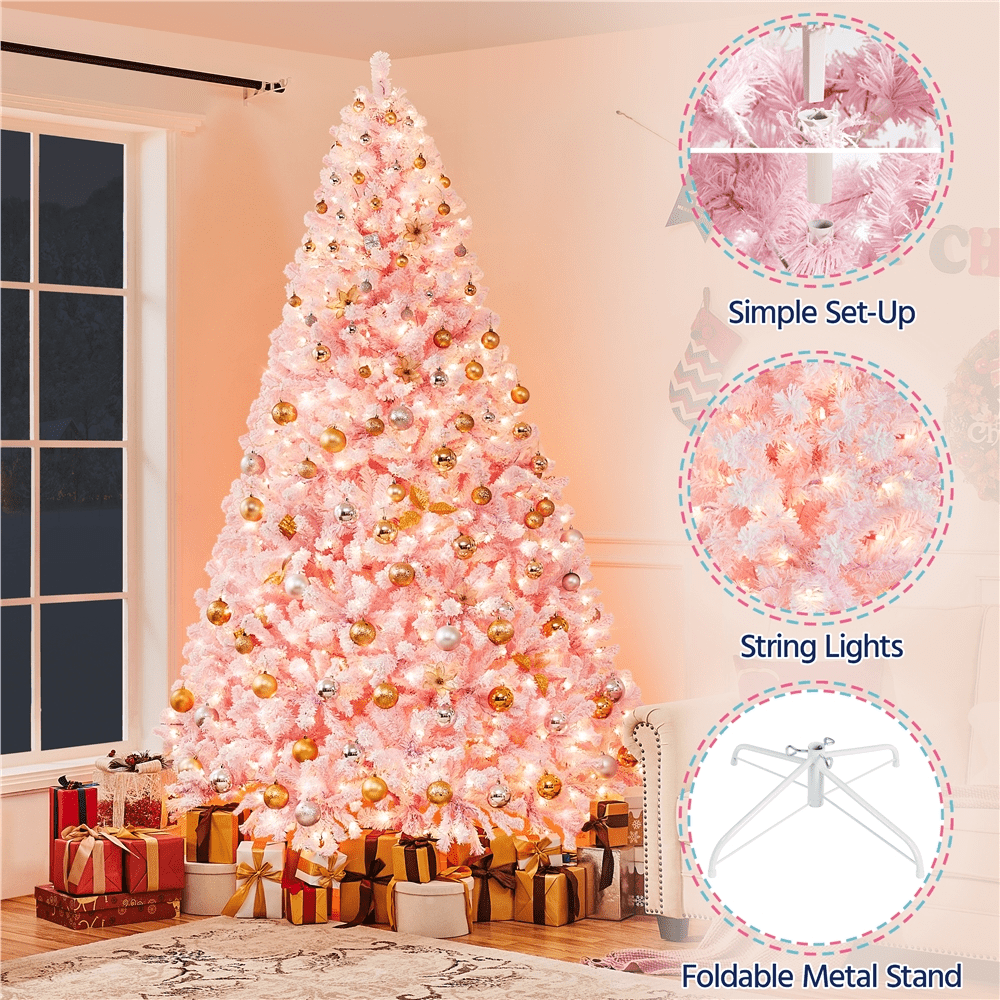 Renwick 9Ft Pre-lit Flocked Artificial Christmas Tree with Foldable Stand, Pink