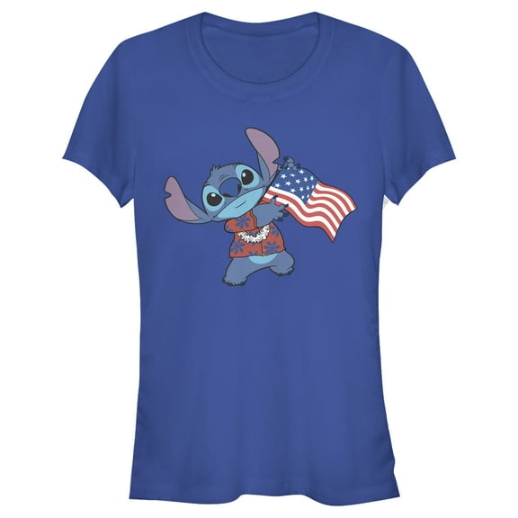 Junior's Lilo & Stitch Tropical American Flag Graphic Tee Royal Blue Small