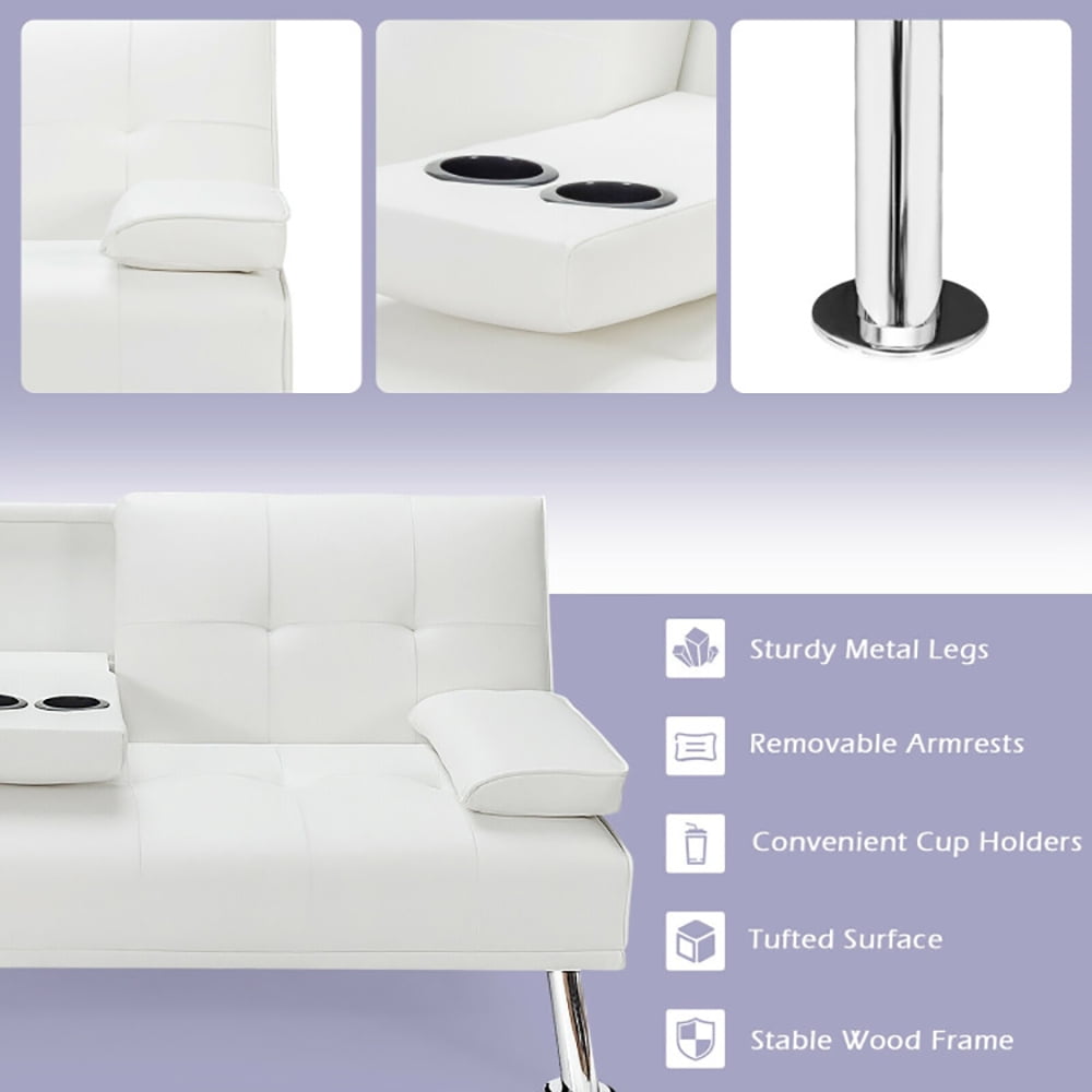 Finihen Futon Sofa Bed, Leather Couch, Convertible Folding Recliner, Convertible Folding Leather Futon Sofa with Cup Holders and Armrests, for Living Room, Bedroom, White Finihen Futon Sofa Bed, Leather Couch, Convertible Folding Recliner, Convertible Folding Leather Futon Sofa with Cup Holders and Armrests, for Living Room, Bedroom, White