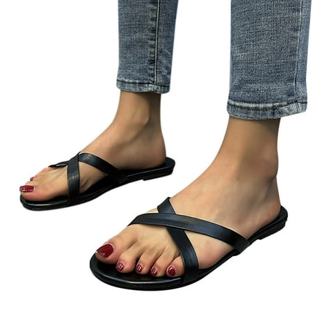 

ZIZOCWA Solid Color Flat Slippers Summer Comfortable Breathable Beach Slides Shoes Square Head Non Slip Sandals for Women Strap Black Size7.5