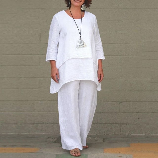 WILLBEST Pantalons pour Femmes Col Rond Couleur Unie Imitation Mode Décontractée Grande Taille Costume à Manches Longues Irrégulier Pantalon Grand Ensemble Deux Pièces Pantalons Décontractés pour Femmes