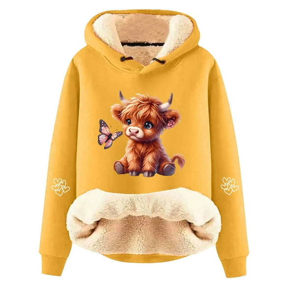 Telankuip Christmas Sherpa Lined Hoodies for Women Cute Highland Cow Graphic Print Oversized Warm Sweatshirts Long Sleeve Lined Comfort Soft Xmas Holiday Hooded Pullovers Yellow XL