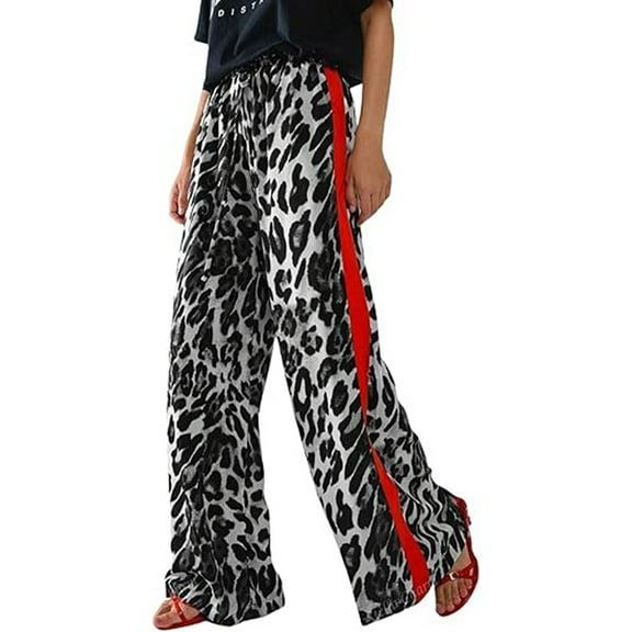 Hpapadks Pants for Women Summer Leopard Print Side Stripes Straight Leg Pant with Drawstring Slacks for Women Black L