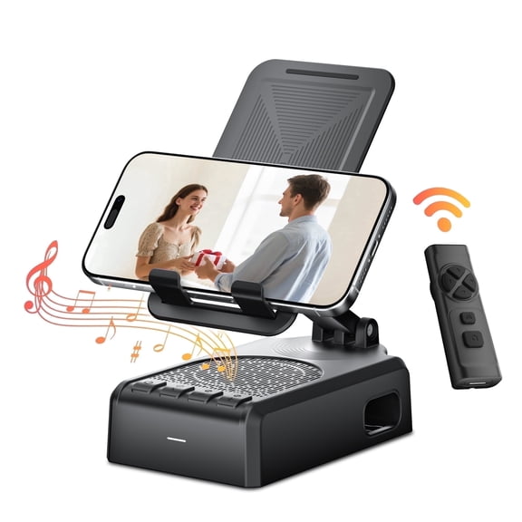 Cell Phone Stand with Bluetooth Speaker and Remote (Video/Camera Control), Wireless Portable Rechargeable Foldable Induction Audio Amplifier with Microphone, Great Gift  Idea