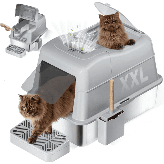 Stainless Steel Cat Litter Box with 110° Flip-Top Lid -XXL Top Entry Enclosed Litter Box for Large Cats with Deodorization Box, Odor-Free, Non-Sticky, Anti-Leak, Removable Lid for Easy Cleaning
