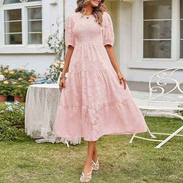 Styesk Robe Tunique pour Femmes Robe à Col Rond Décontractée à Manches Courtes Unie à Taille Haute Superposée en Mousseline avec Ceinture