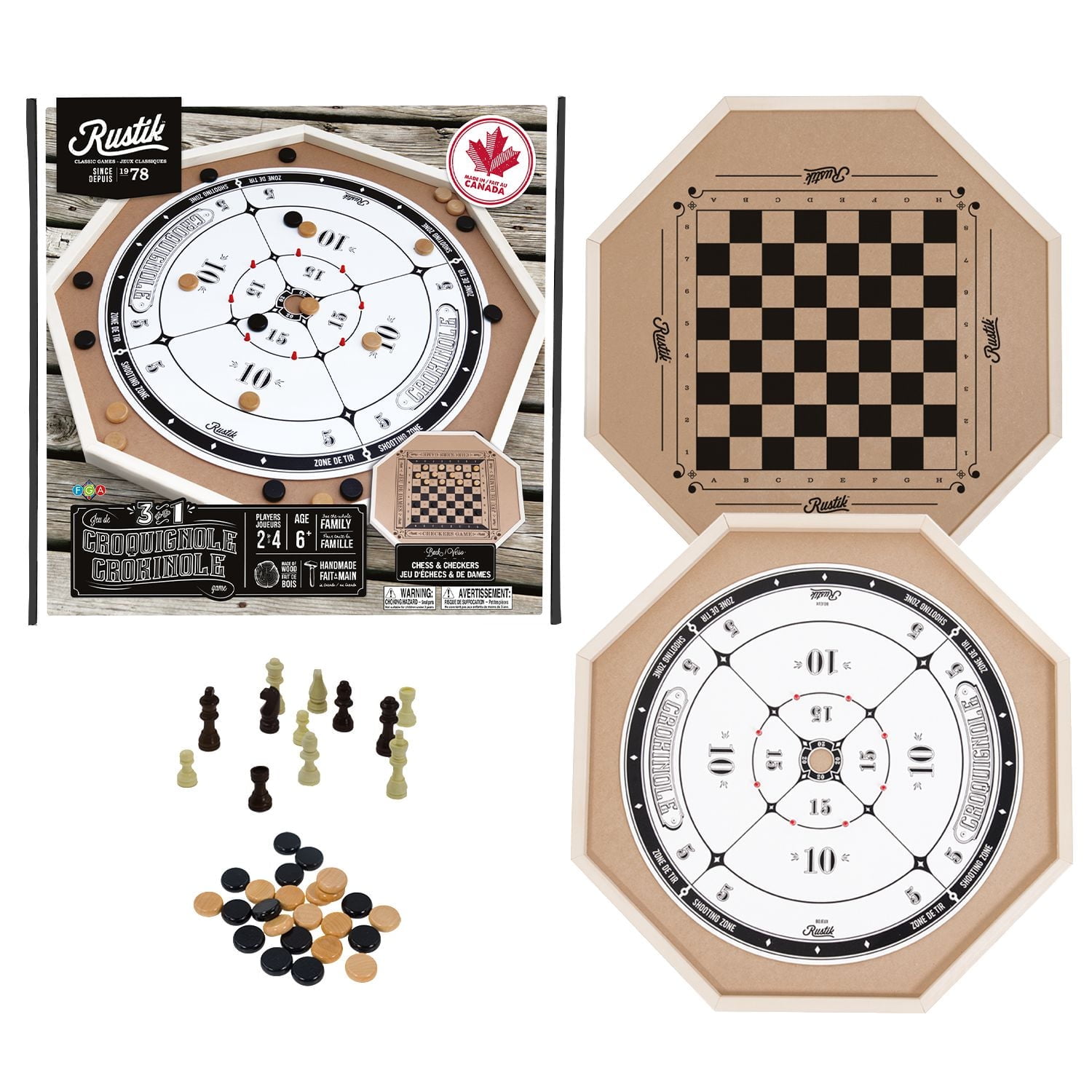 Rustik Crokinole / Chess / Checkers 3-in-1