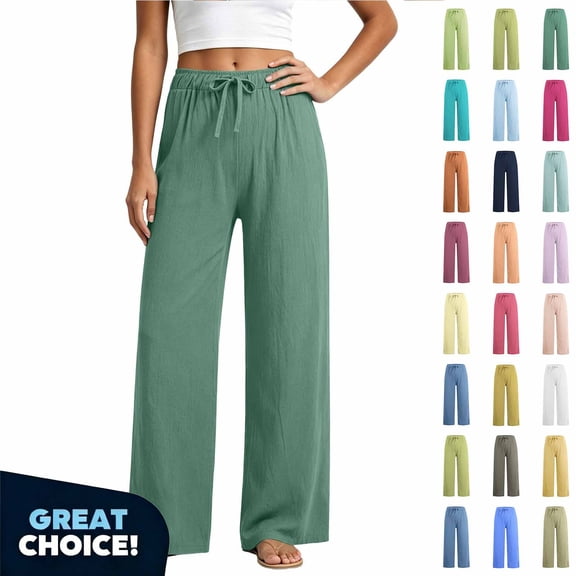 Coorders Womens Linen Pants with Pockets,Elastic Waist Women's Casual Lightweight Drawstring Pants,Women's Size Dark Green,Size S