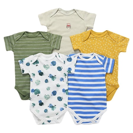 SHELLTON 5 PCS Summer Baby Onesies Organic Cotton Short Sleeves Breathable And Comfortable Clothes Crawling Bodysuits For Newborn Boys And Girls, 3-12 Months Old