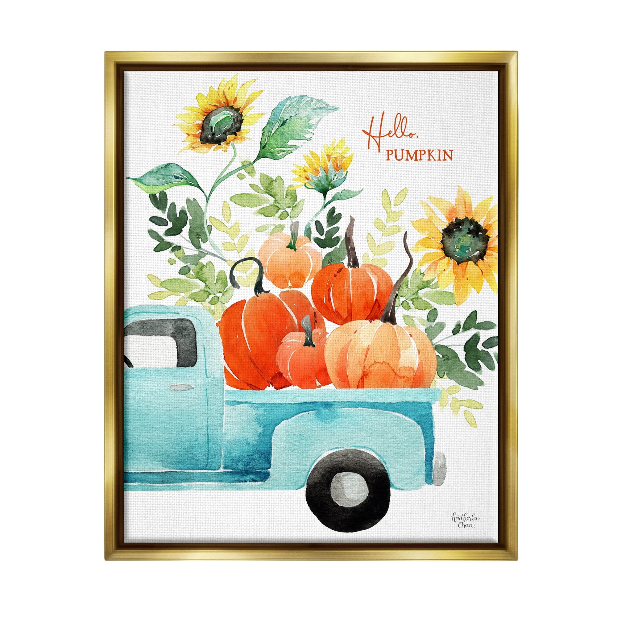 Stupell Industries Hello Pumpkin Autumn Truck Carrying Seasonal Plants Graphic Art Metallic Gold Floating Framed Canvas Print Wall Art, Design by Heatherlee Chan