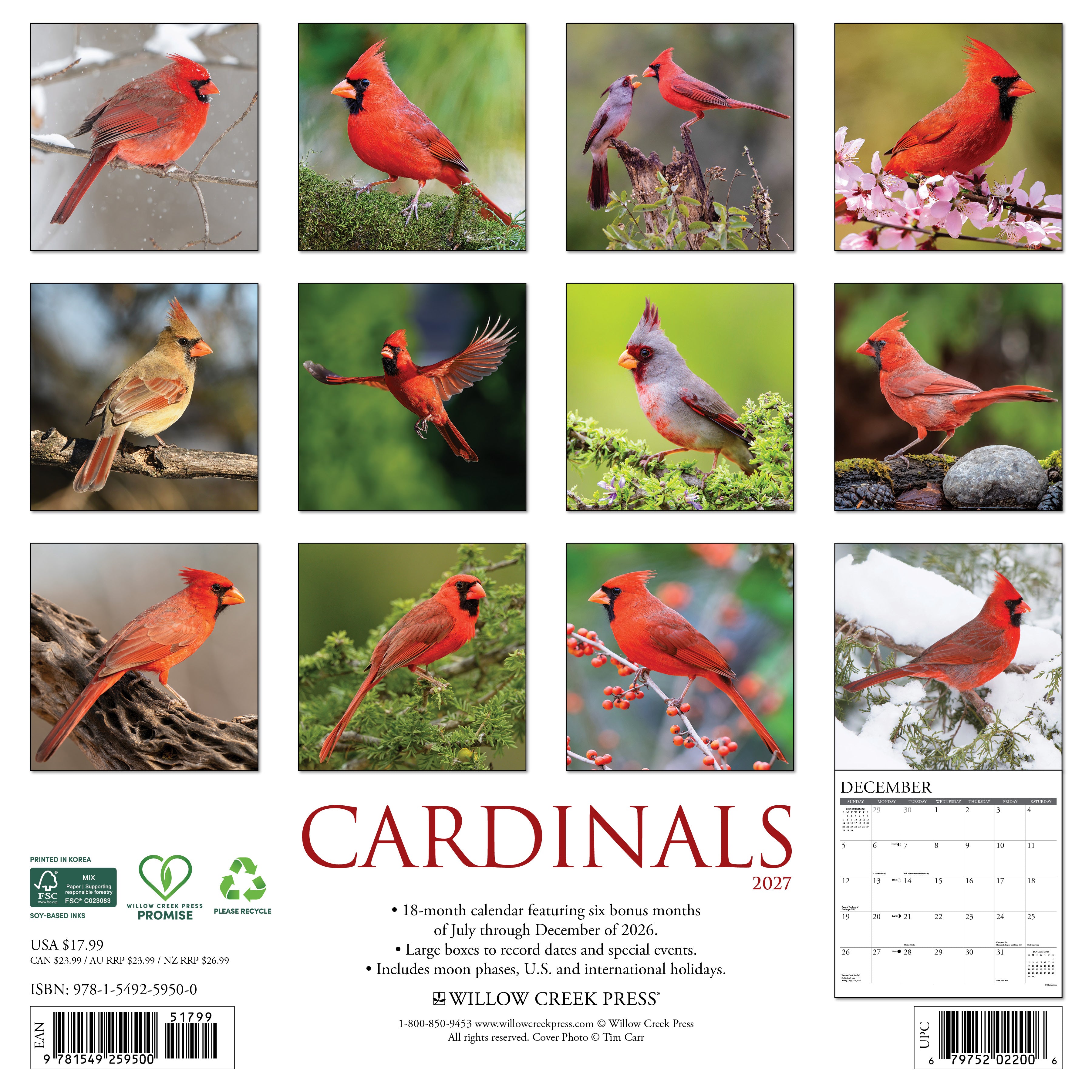Willow Creek Press, Cardinals 2027 Wall Calendar