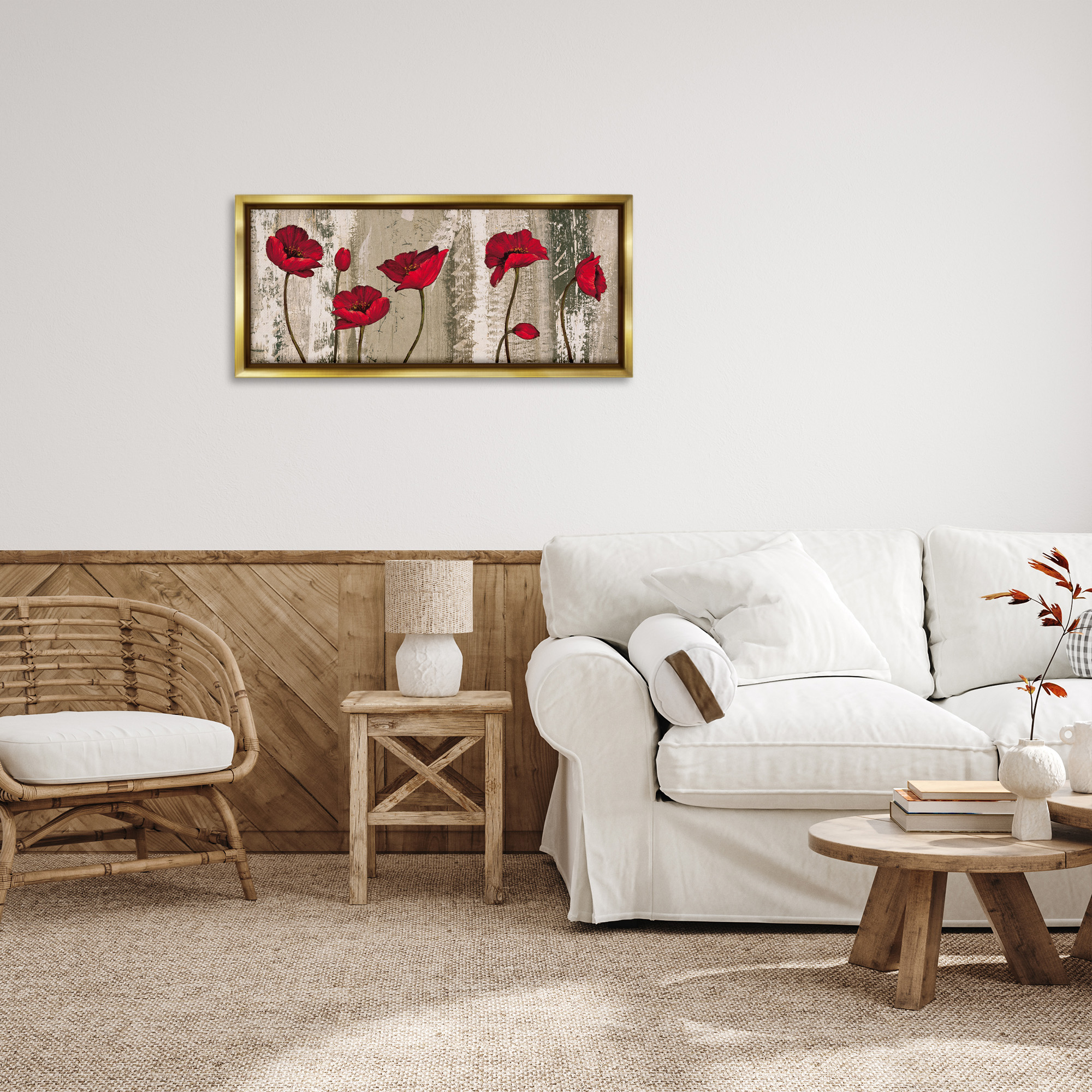 Stupell Industries Red Poppies Rustic Pattern Botanical & Floral Painting Gold Floater Framed Canvas Art Print Wall Art, 31 x 14