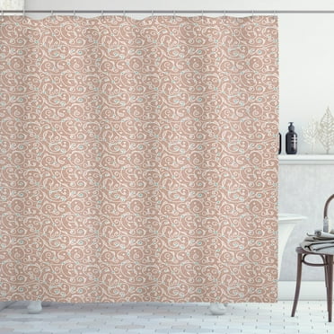 Floral Shower Curtain, Ottoman Style Flourishing Nature Flowers Motifs Doodle Curls and Dots, Fabric Bathroom Set with Hooks, 69W X 84L Inches Extra Long, Tan Turquoise and White, by Ambesonne