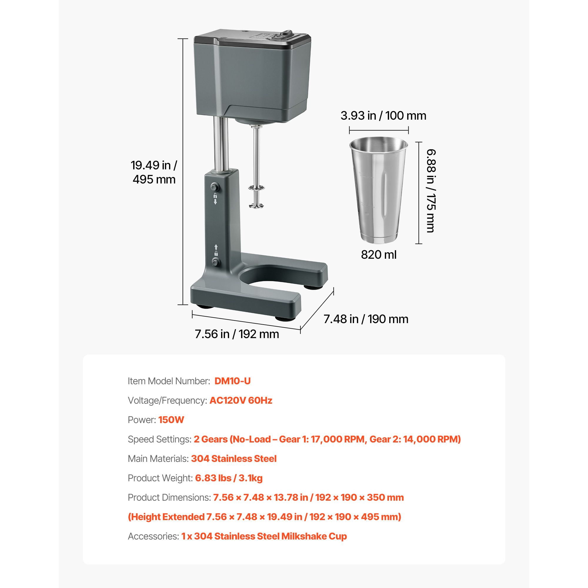150W Milkshake Maker with Dual Speed, Stainless Steel Stirring Rod, Adjustable Mixing Head, for Home Kitchen Bar Beverage Shop