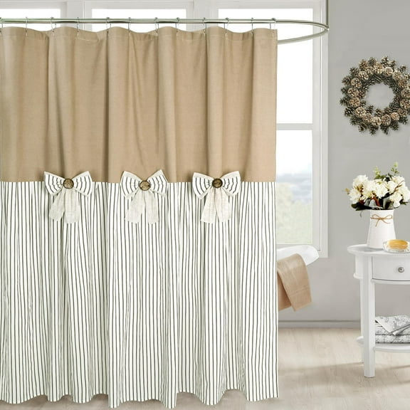 Linen Button Farmhouse Camel Shower Curtain,Bowknot,Linen and Cotton Woven Fabric,Pleated Brown Stripe,Country Style,72x72 in
