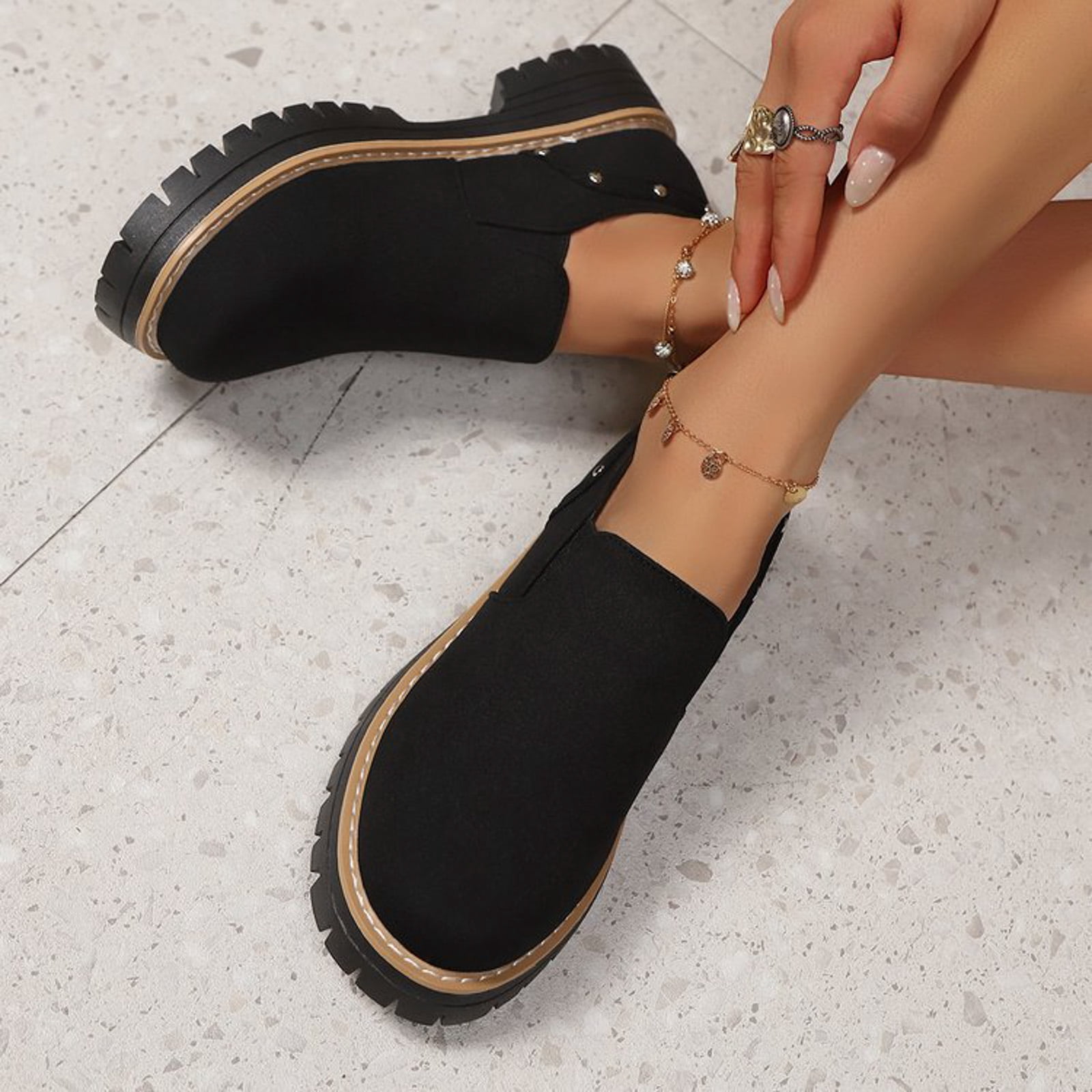 Fashion Studded Suede Loafers for Women Comfortable Wide Toe Box Non Slip Dress Shoes Lightweight Slip On Casual Shoes Black Size 8