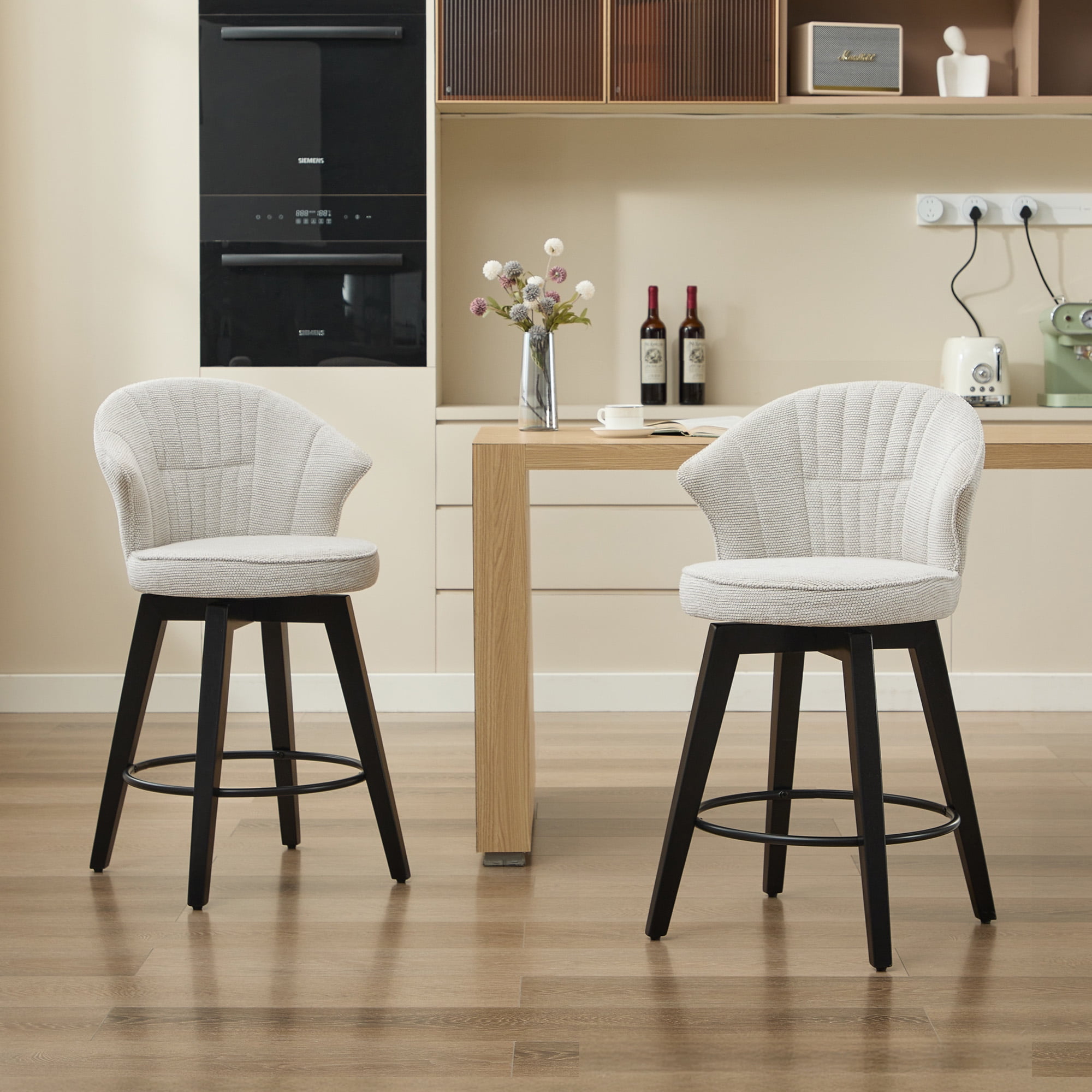 Peispie 24" Counter Height Bar Stools Set of 2, Swivel Chenille Fabric Barstools with Low Back and Metal Footrest, Modern Padded Kitchen Island Chairs for Dining Room & Home Bar, Beige