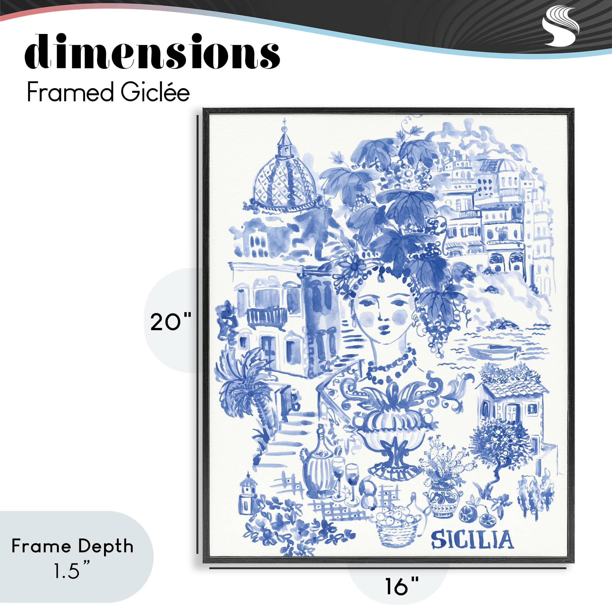 Stupell Industries Sicilia City In Blue Black Framed Giclee Art, design by Karolina Sato