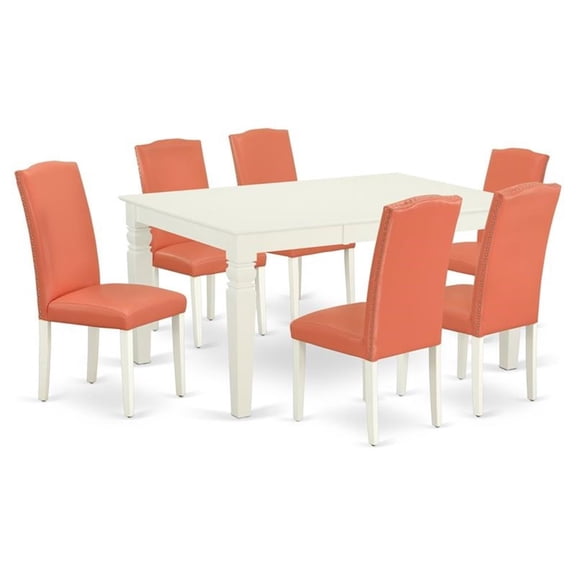 WEEN7-LWH-78 7Pc Rectangular 42/60" Dinette Table With 18 In Leaf And 6 Parson Chair With Linen White Leg And Pu Leather Color Pink Flamingo