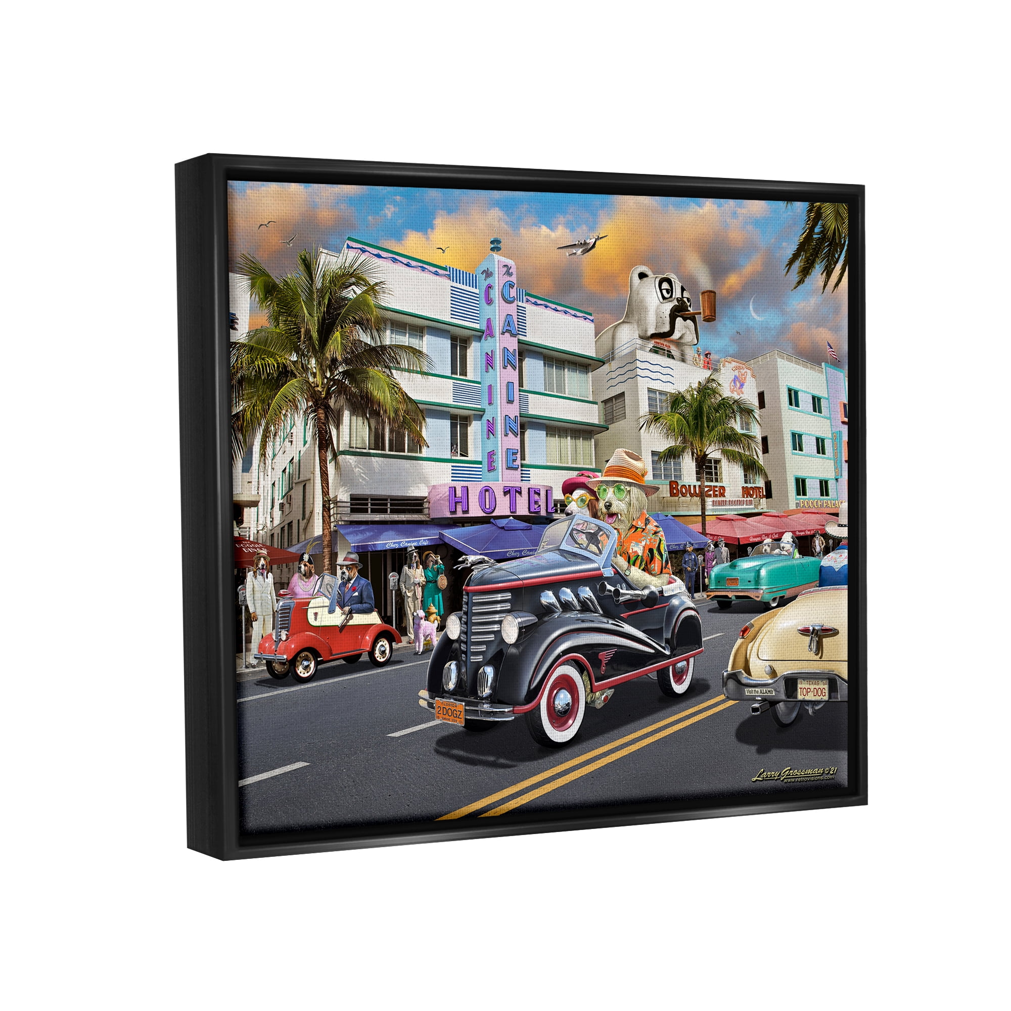 Stupell Industries Dog Days Miami Transportation Painting Black Floater Framed Canvas Art Print Wall Art, 31 x 25