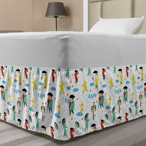 Rain Bed Skirt, Continuous Couple Under Umbrella Lettering Park Theme Leaves on Plain Backdrop, Elastic Bedskirt Dust Ruffle Wrap Around for Bedding Decor, 4 Sizes, White Multicolor, by Ambesonne