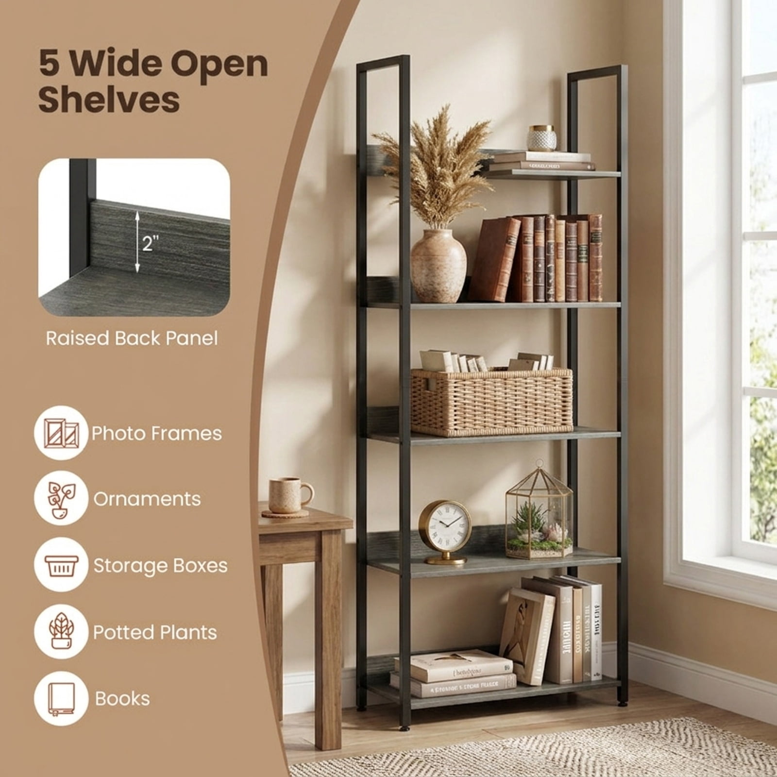 Furnibear 5-Tier Bookshelf Tall Wooden Open Bookcase with Back Panels for Living Room Home Office Bedroom Display Storage Shelf, Oak