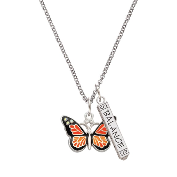 Delight Jewelry Silvertone Large Monarch Butterfly with 6 AB Crystals Silvertone Balance Bar Charm Necklace, 23"