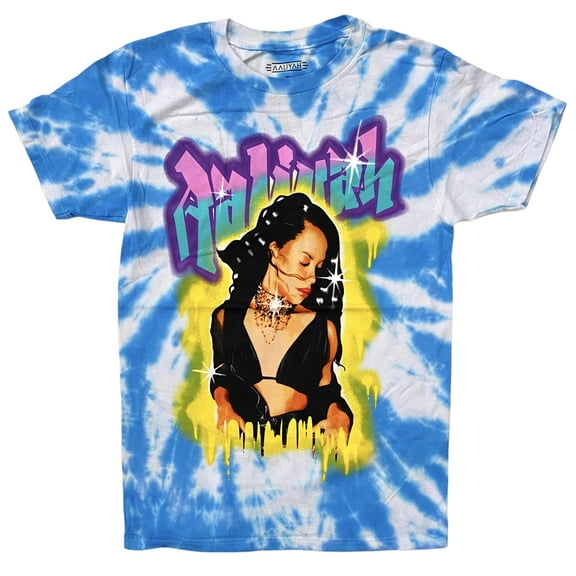 Aaliyah Men's Officially Licensed Graffiti Graphic Print Tie Dye Tee T-Shirt (Small, Blue/Multi Tie Dye)