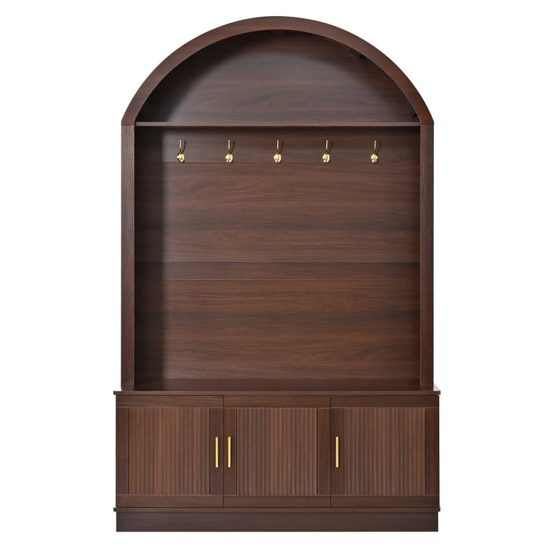 Farmhouse Hall Tree with Arched Top, Mid-Century Fluted Door Entryway Bench with Storage Cabinets & Adjustable Shelves, Coat Rack with 5 Metal Hooks for Hallway
