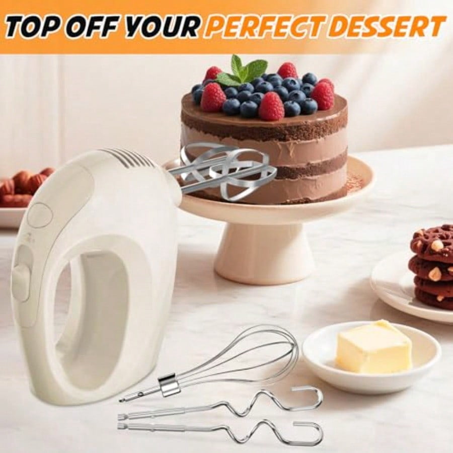 Handmixer Electric Handheld - 5 Speed Portable Kitchen Mixer Electric with 5 Stainless Steel Accessories Whisk Food Beater for Whipping Mixing Cookies Ivory