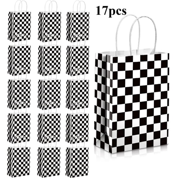 17 Pcs Checkered Racing Treat Bags Race Car Party Favors with Handles Black and White Checkered Flag Candy Goodie Gift Bags for Themed Birthday Party Supplies