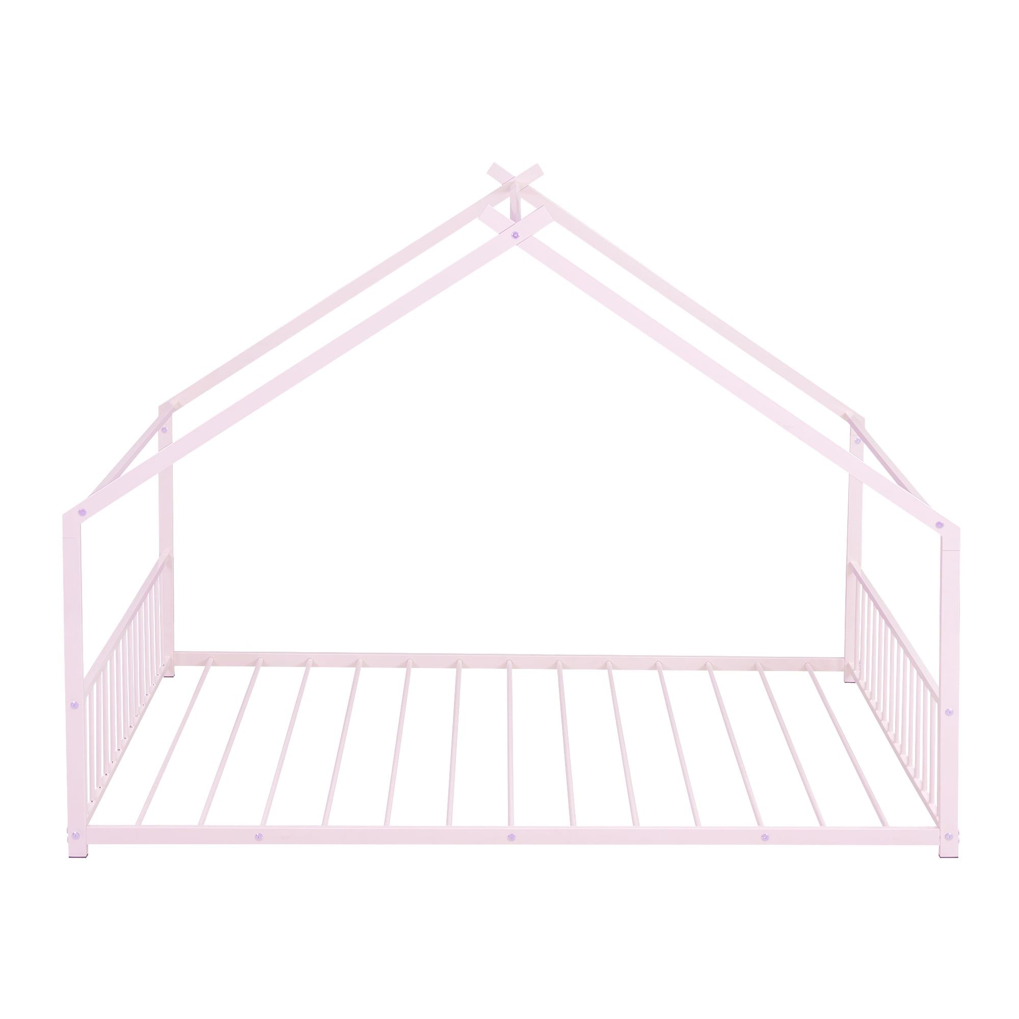 Jopath Full Size Bed Metal Floor Bed,Full House Bed Frame Floor Bed Frame,With Roof With Headboard And Footboard With Slats Support For Kids Toddler Pink